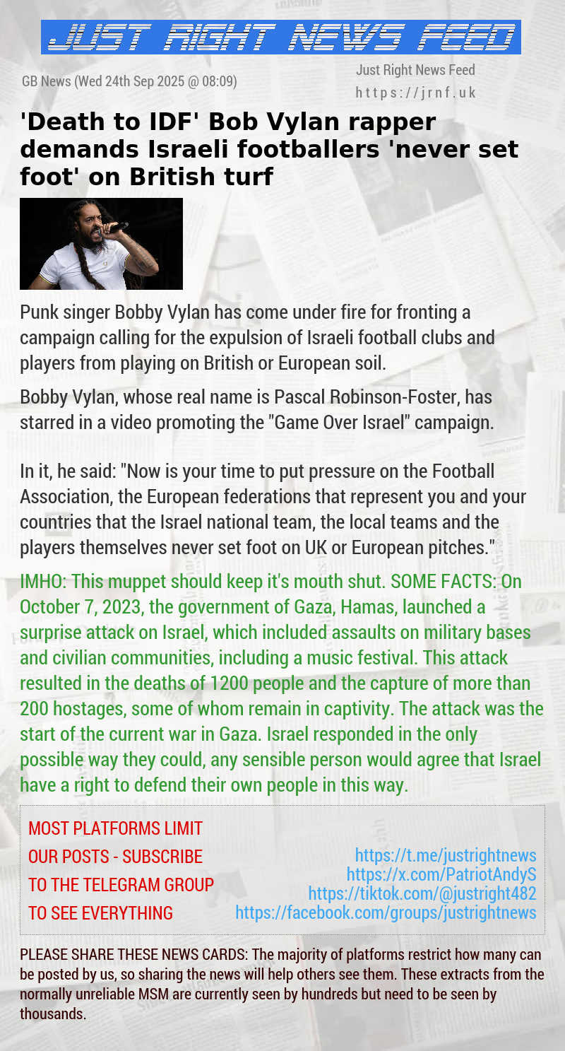 ’Death to IDF’ Bob Vylan rapper demands Israeli footballers ’never set foot’ on British turf