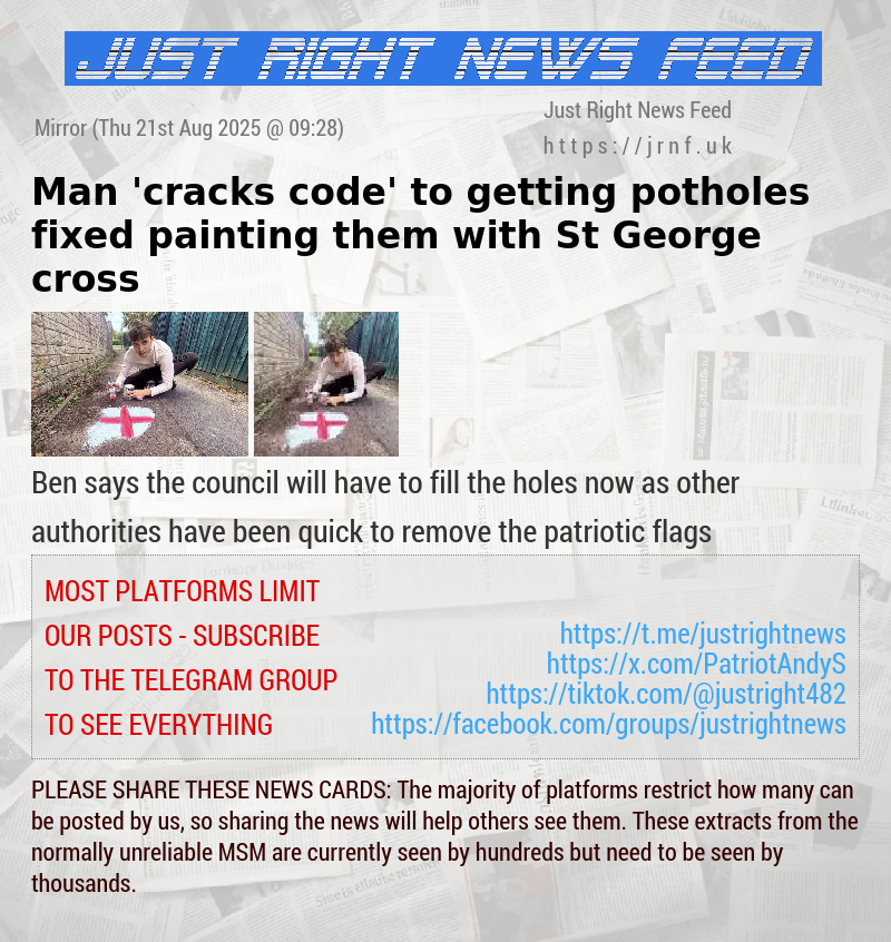 Man ’cracks code’ to getting potholes fixed painting them with St George cross