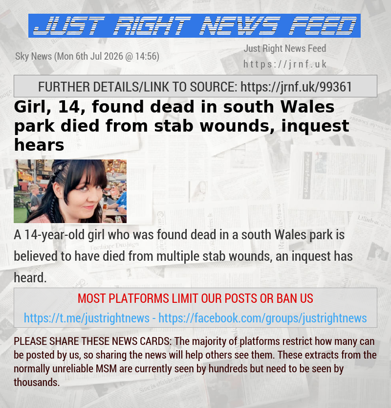 Girl, 14, found dead in south Wales park died from stab wounds, inquest hears