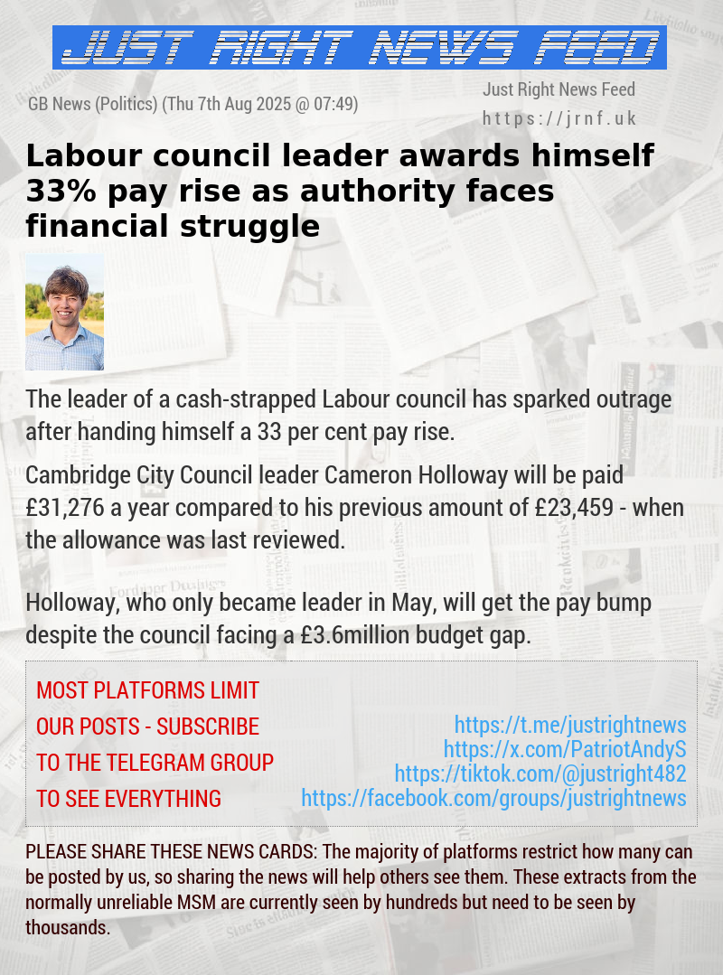 Labour council leader awards himself 33% pay rise as authority faces financial struggle