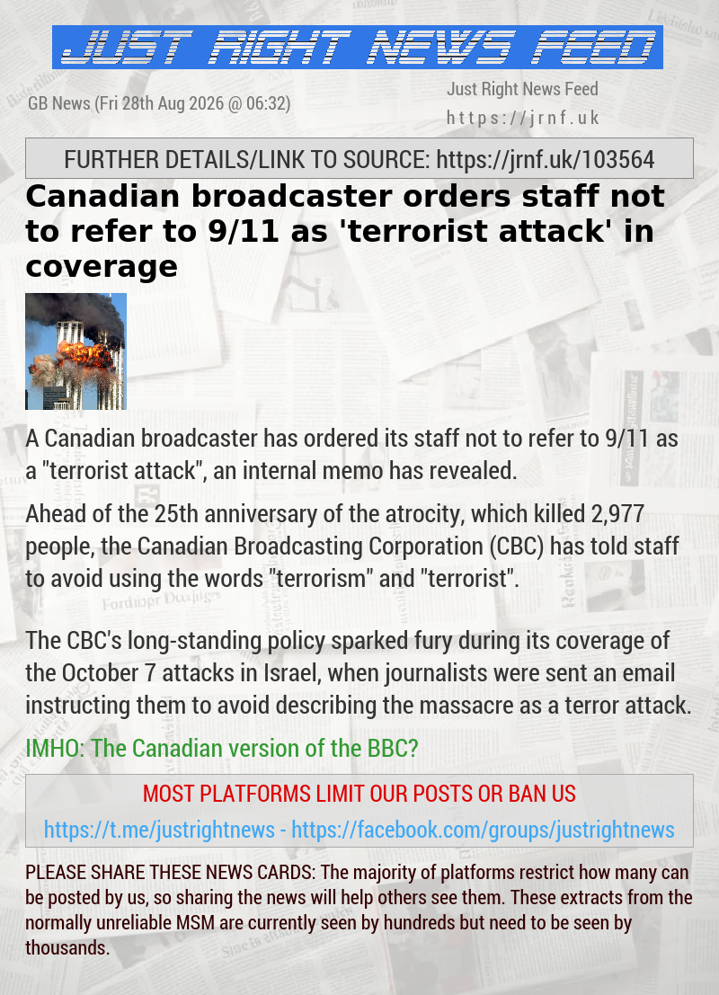 Canadian broadcaster orders staff not to refer to 9/11 as ’terrorist attack’ in coverage