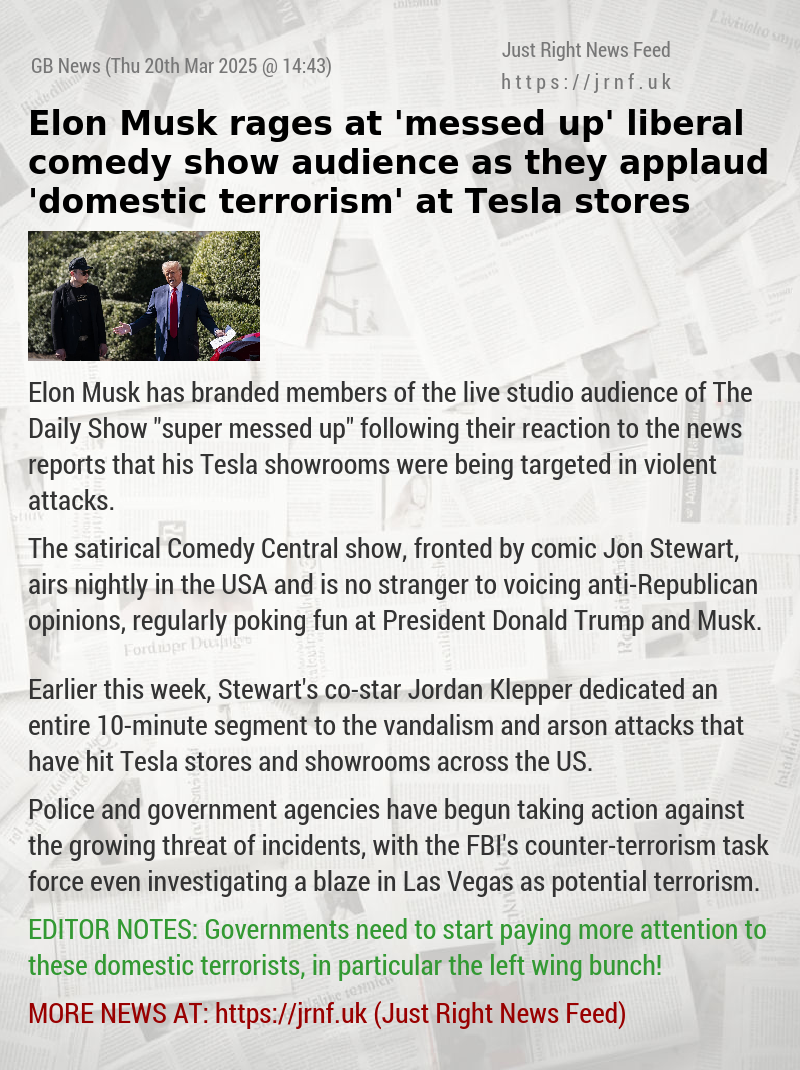 Elon Musk rages at ’messed up’ liberal comedy show audience as they applaud ’domestic terrorism’ at Tesla stores