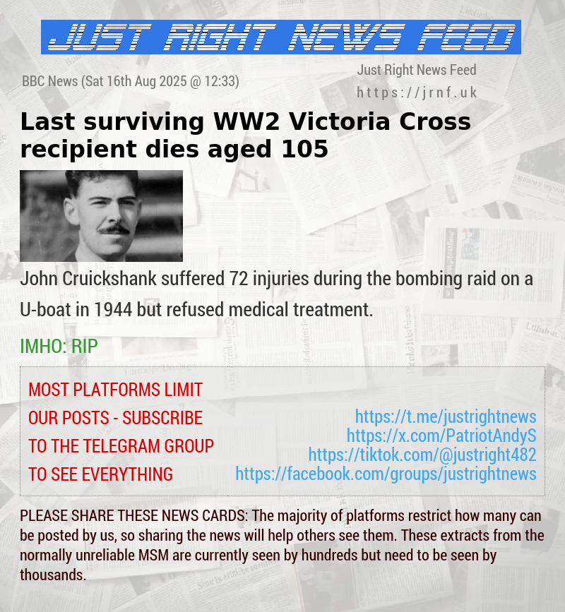 Last surviving WW2 Victoria Cross recipient dies aged 105