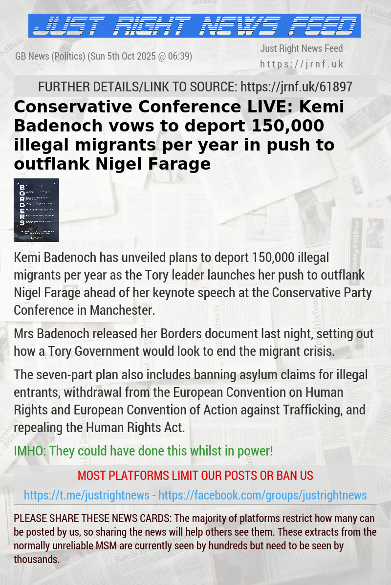 Conservative Conference LIVE: Kemi Badenoch vows to deport 150,000 illegal migrants per year in push to outflank Nigel Farage