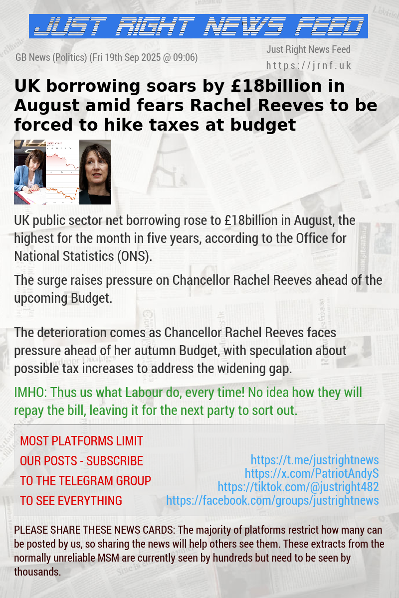 UK borrowing soars by £18billion in August amid fears Rachel Reeves to be forced to hike taxes at budget
