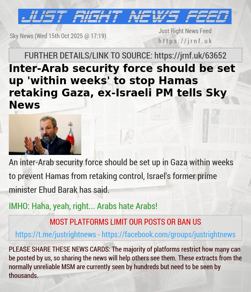Inter—Arab security force should be set up ’within weeks’ to stop Hamas retaking Gaza, ex—Israeli PM tells Sky News