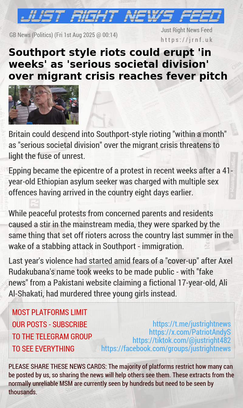 Southport—style riots could erupt ’in weeks’ as ’serious societal division’ over migrant crisis reaches fever pitch