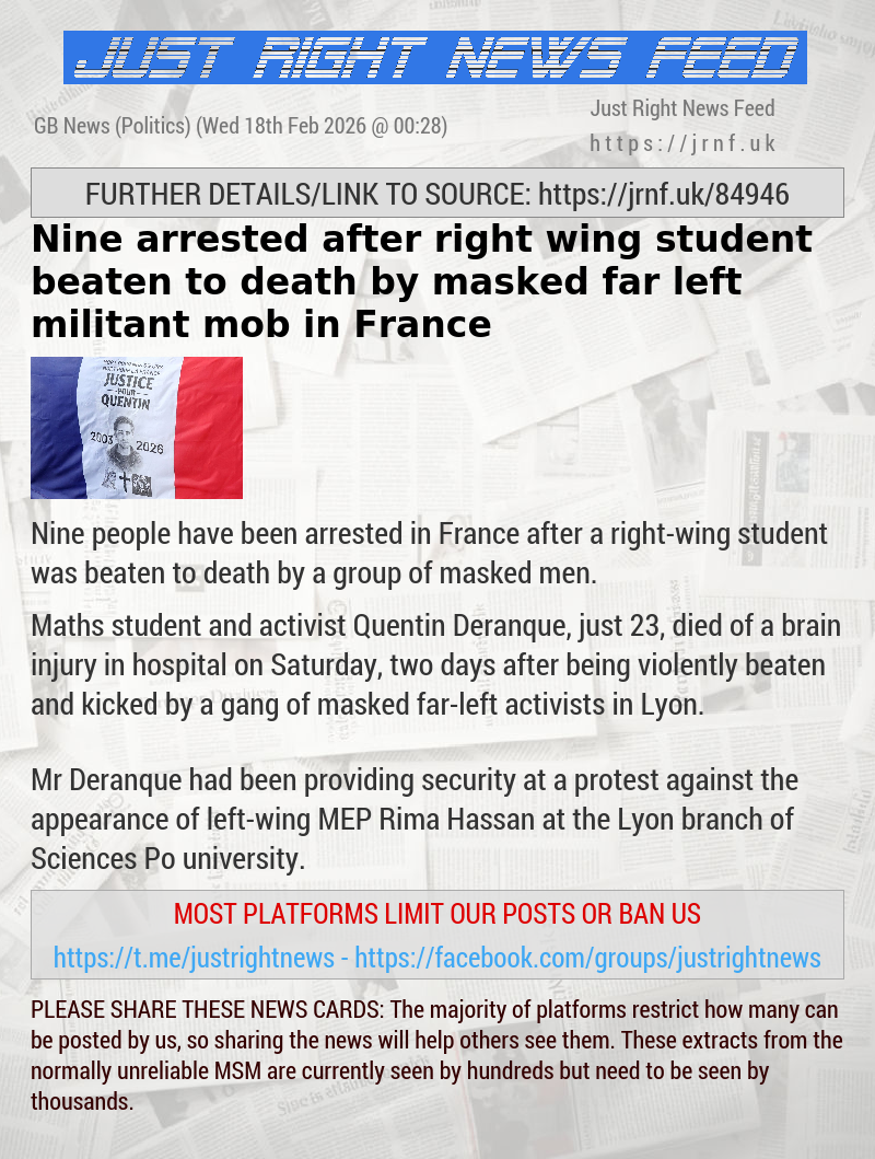 Nine arrested after right—wing student beaten to death by masked far—left militant mob in France