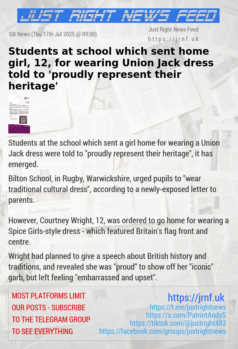 Students at school which sent home girl, 12, for wearing Union Jack dress told to ’proudly represent their heritage’