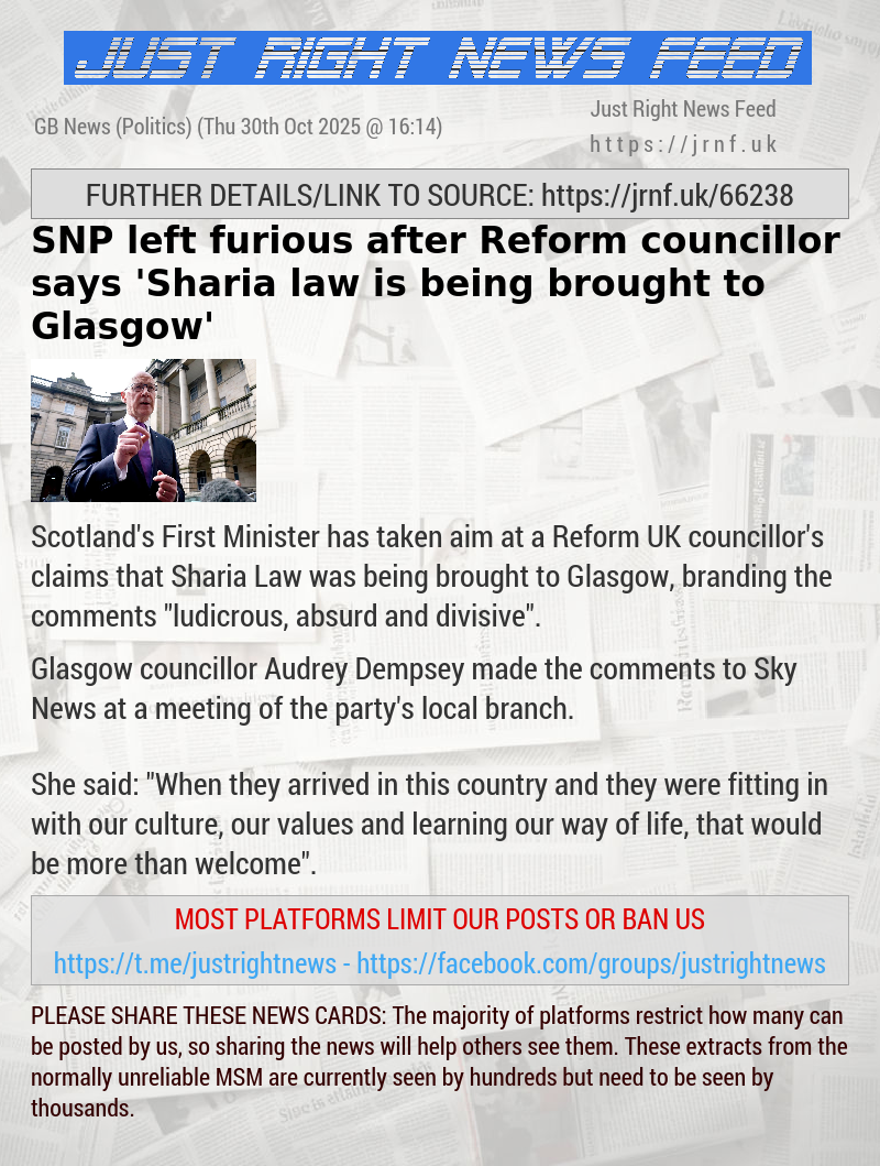 SNP left furious after Reform councillor says ’Sharia law is being brought to Glasgow’