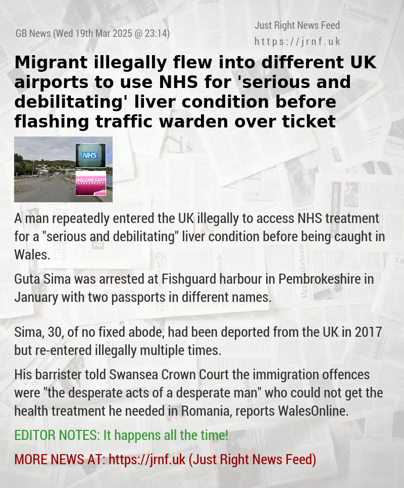 Migrant illegally flew into different UK airports to use NHS for ’serious and debilitating’ liver condition before flashing traffic warden over ticket
