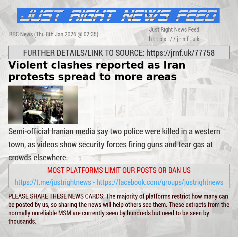 Violent clashes reported as Iran protests spread to more areas