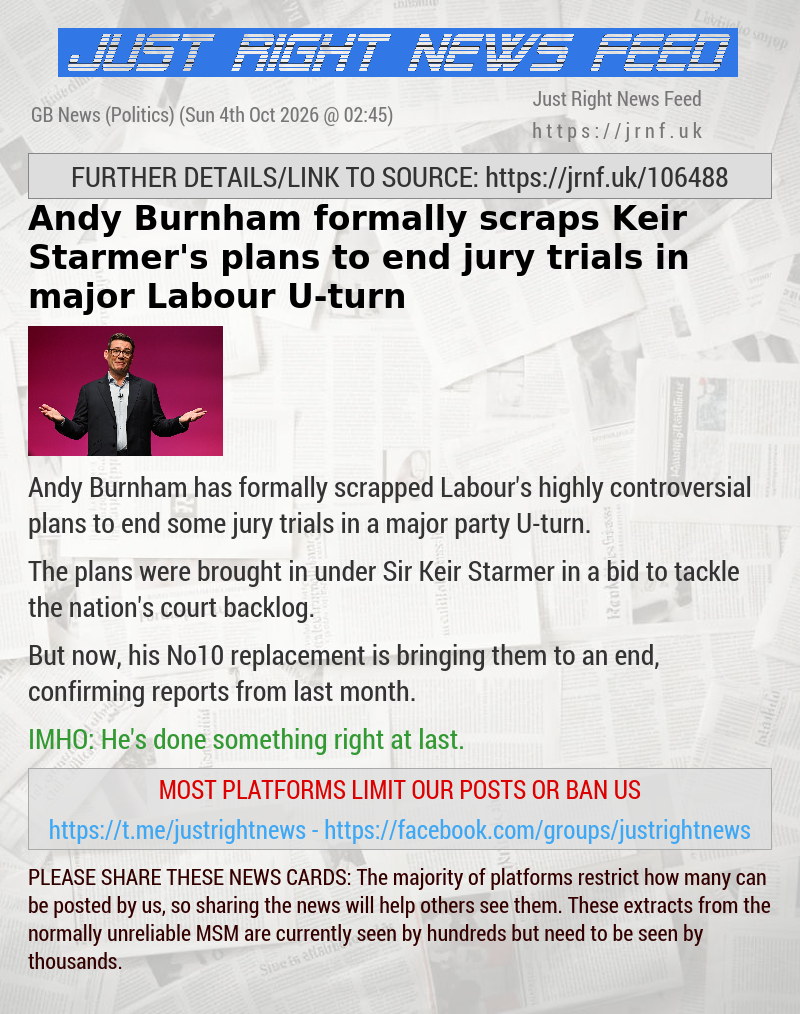 Andy Burnham formally scraps Keir Starmer’s plans to end jury trials in major Labour U—turn