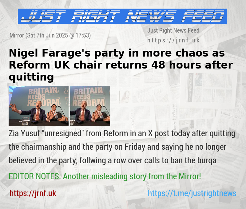 Nigel Farage’s party in more chaos as Reform UK chair returns 48 hours after quitting