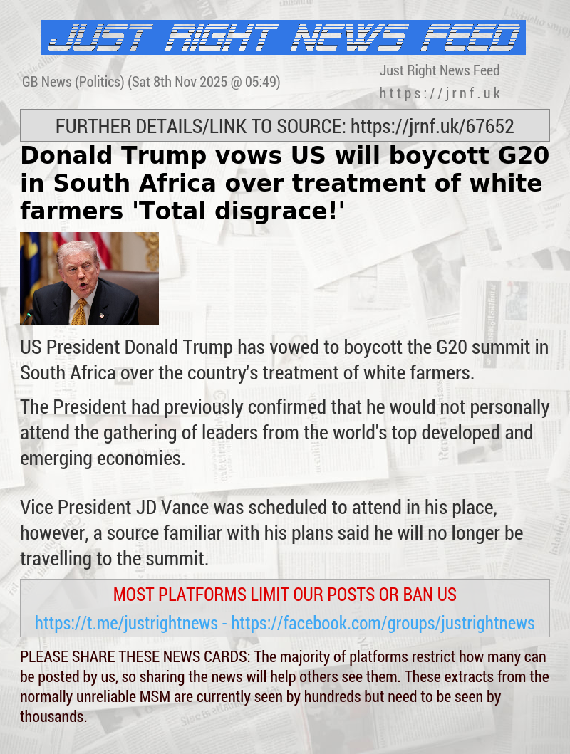 Donald Trump vows US will boycott G20 in South Africa over treatment of white farmers — ’Total disgrace!’