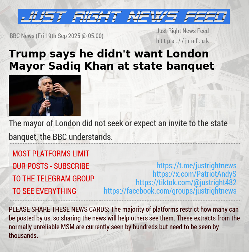 Trump says he didn’t want London Mayor Sadiq Khan at state banquet