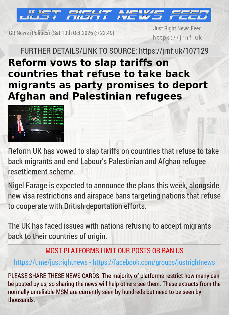 Reform vows to slap tariffs on countries that refuse to take back migrants as party promises to deport Afghan and Palestinian refugees