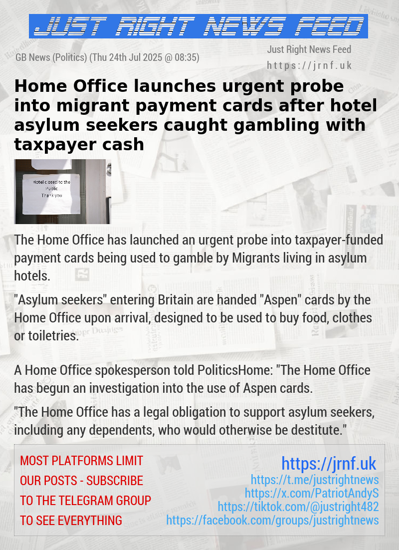 Home Office launches urgent probe into migrant payment cards after hotel asylum seekers caught gambling with taxpayer cash
