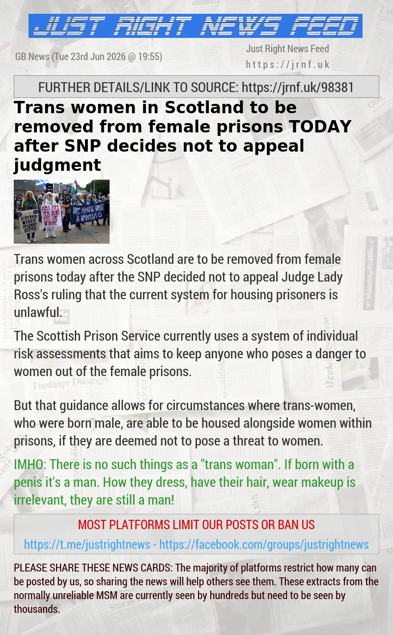 Trans women in Scotland to be removed from female prisons TODAY after SNP decides not to appeal judgment