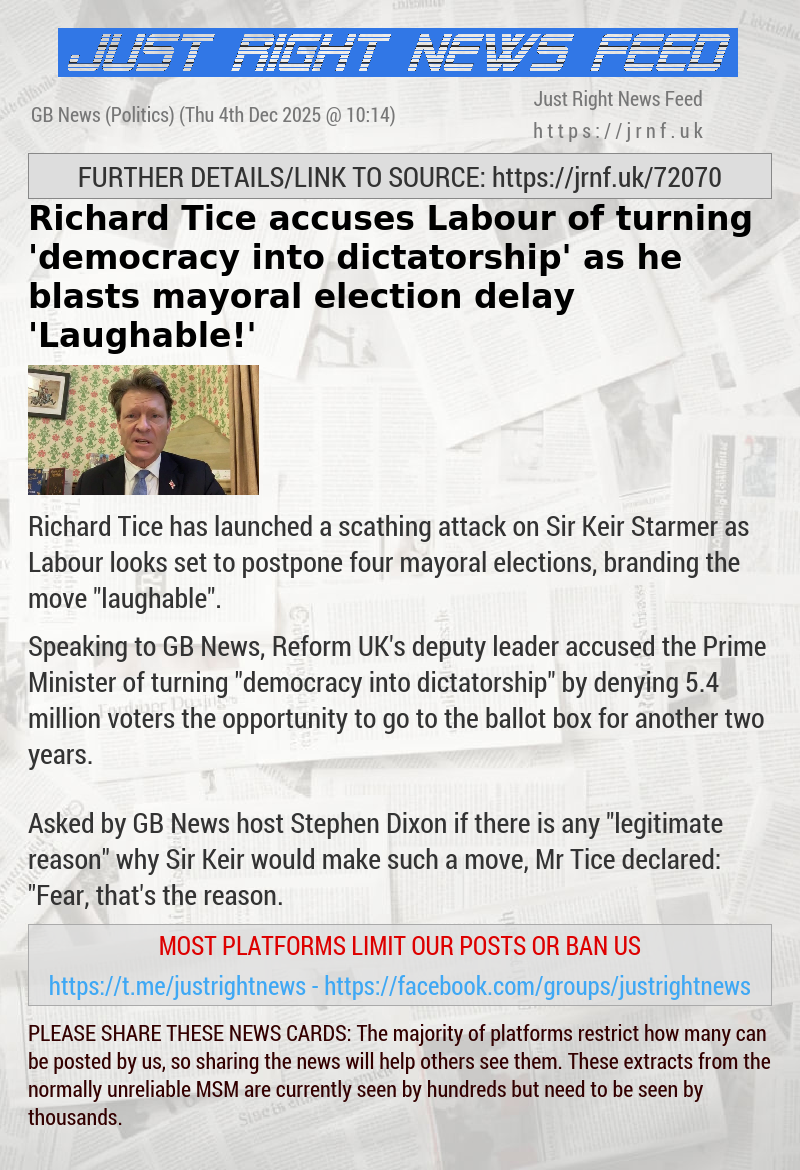 Richard Tice accuses Labour of turning ’democracy into dictatorship’ as he blasts mayoral election delay — ’Laughable!’