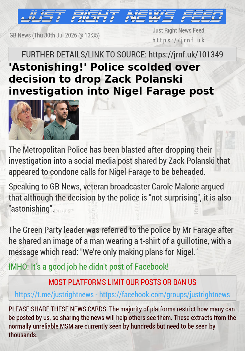 ’Astonishing!’ Police scolded over decision to drop Zack Polanski investigation into Nigel Farage post