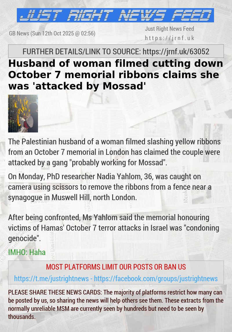 Husband of woman filmed cutting down October 7 memorial ribbons claims she was ’attacked by Mossad’