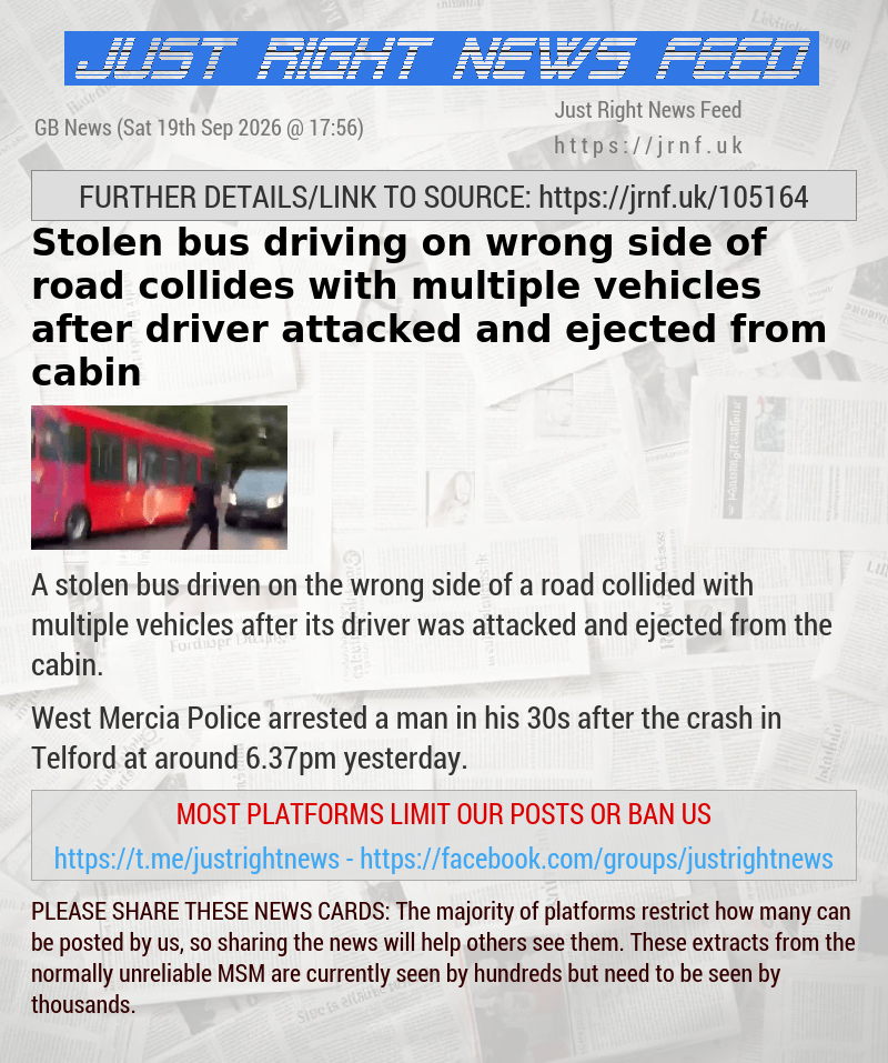 Stolen bus driving on wrong side of road collides with multiple vehicles after driver attacked and ejected from cabin