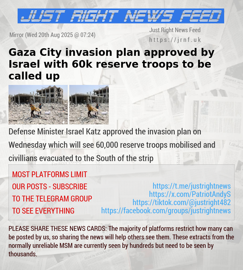 Gaza City invasion plan approved by Israel with 60k reserve troops to be called up