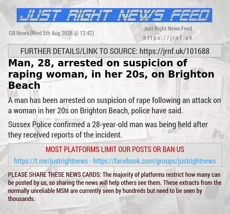 Man, 28, arrested on suspicion of raping woman, in her 20s, on Brighton Beach