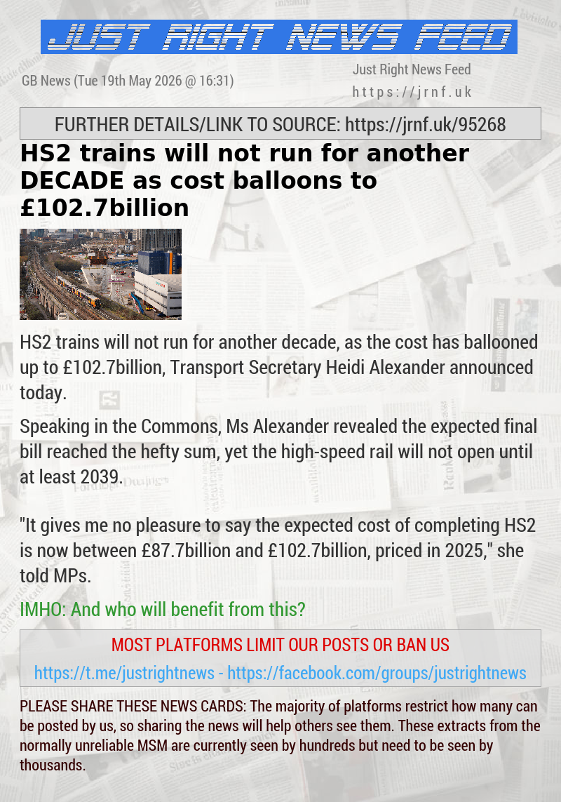 HS2 trains will not run for another DECADE as cost balloons to &pound;102.7billion
