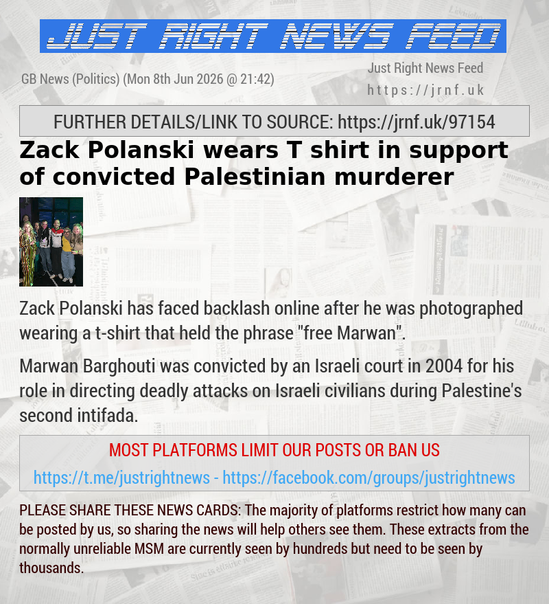 Zack Polanski wears T—shirt in support of convicted Palestinian murderer