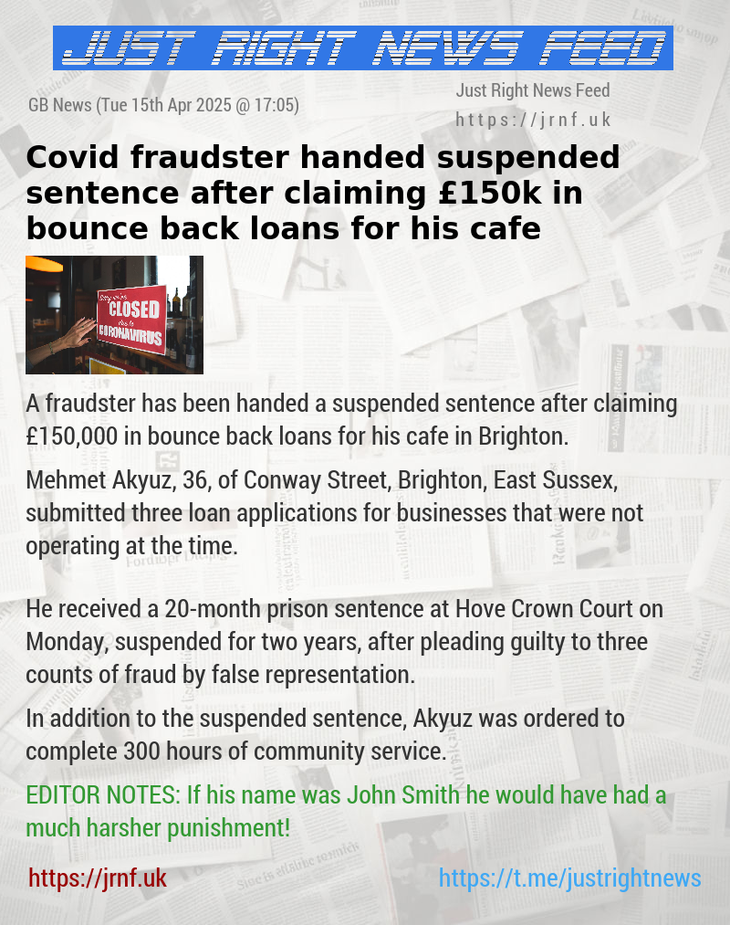 Covid fraudster handed suspended sentence after claiming £150k in bounce back loans for his cafe