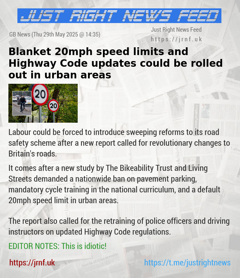 Blanket 20mph speed limits and Highway Code updates could be rolled out in urban areas