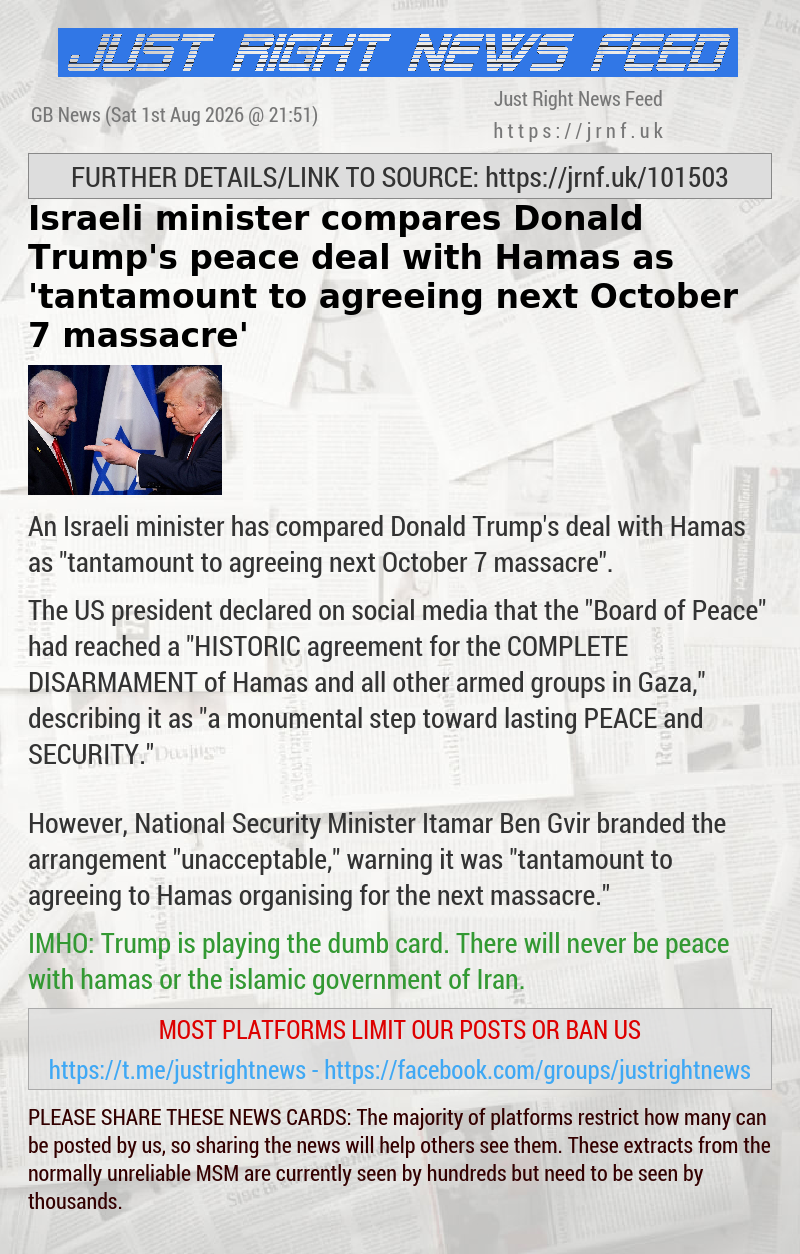 Israeli minister compares Donald Trump’s peace deal with Hamas as ’tantamount to agreeing next October 7 massacre’