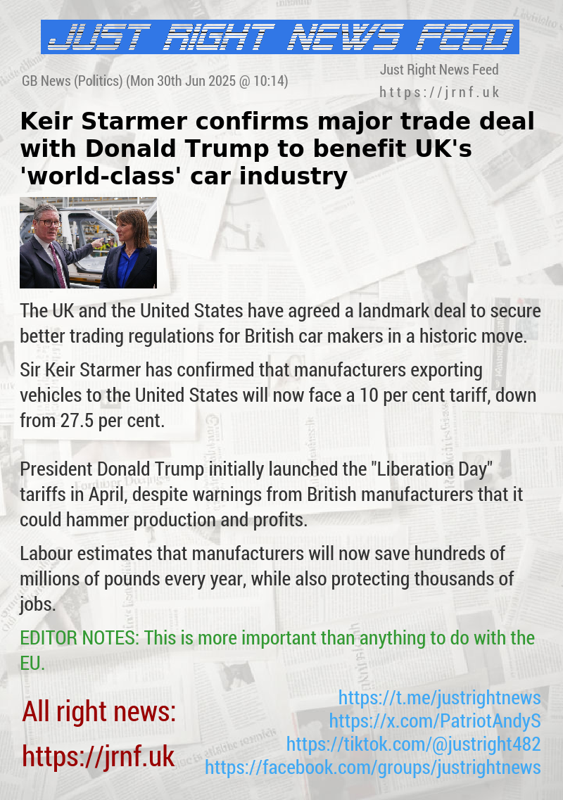 Keir Starmer confirms major trade deal with Donald Trump to benefit UK’s ’world—class’ car industry