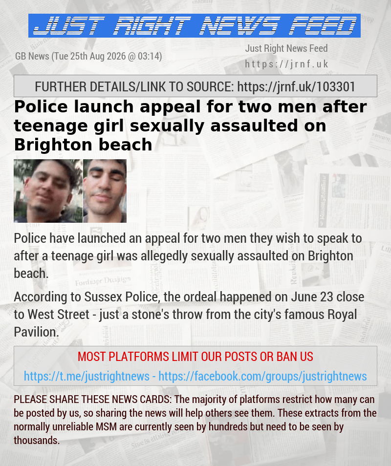 Police launch appeal for two men after teenage girl sexually assaulted on Brighton beach