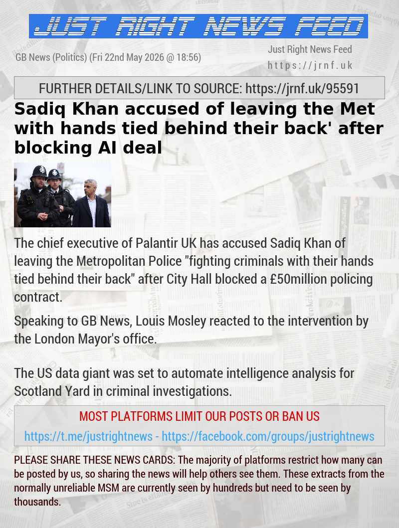 Sadiq Khan accused of leaving the Met with ‘hands tied behind their back’ after blocking AI deal