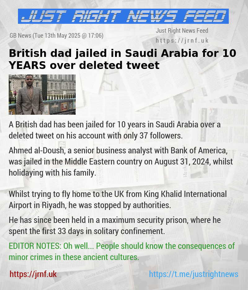 British dad jailed in Saudi Arabia for 10 YEARS over deleted tweet