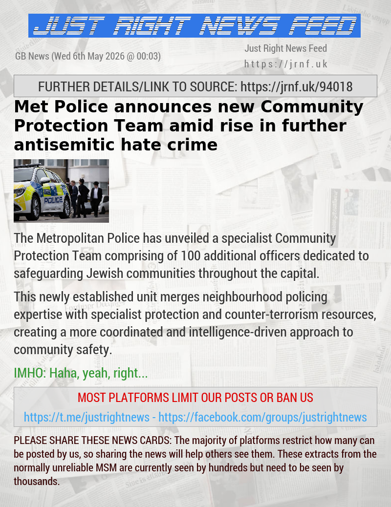 Met Police announces new Community Protection Team amid rise in further antisemitic hate crime