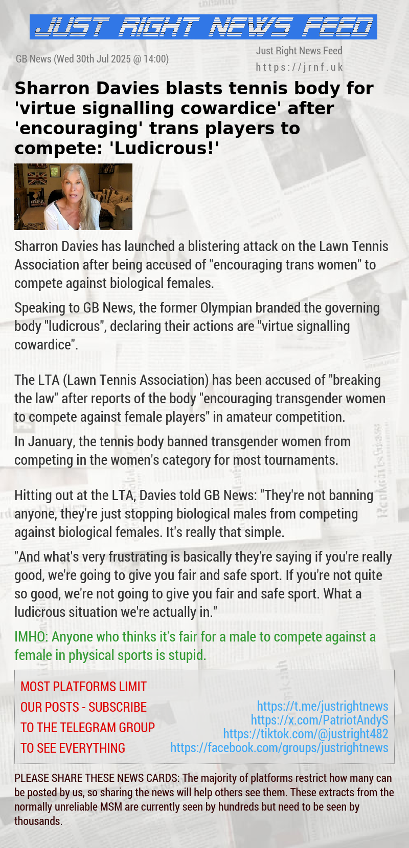 Sharron Davies blasts tennis body for ’virtue signalling cowardice’ after ’encouraging’ trans players to compete: ’Ludicrous!’