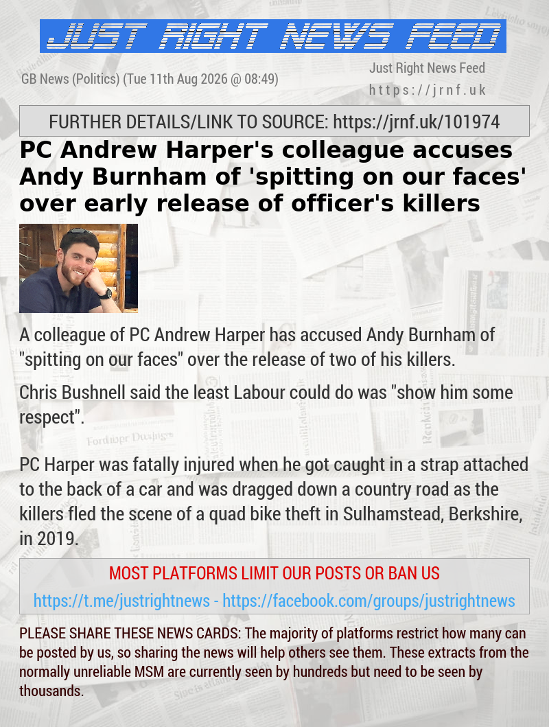 PC Andrew Harper’s colleague accuses Andy Burnham of ’spitting on our faces’ over early release of officer’s killers