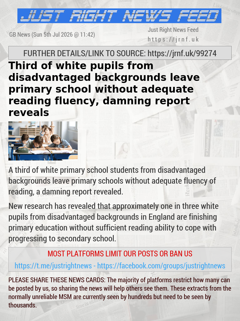 Third of white pupils from disadvantaged backgrounds leave primary school without adequate reading fluency, damning report reveals