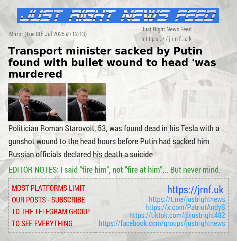 Transport minister sacked by Putin found with bullet wound to head ’was murdered
