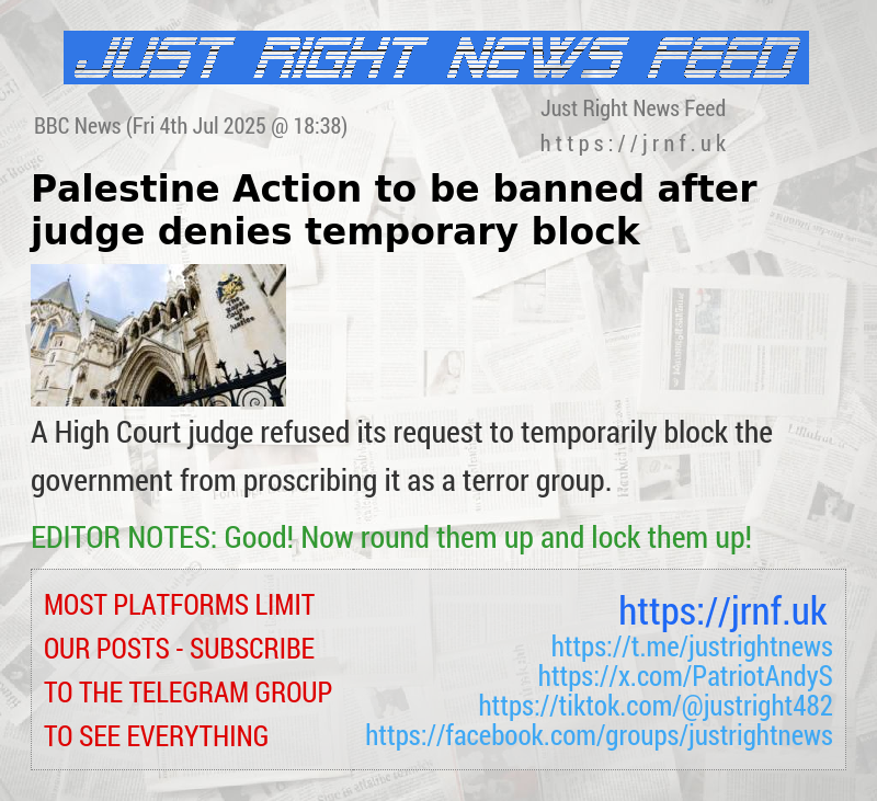 Palestine Action to be banned after judge denies temporary block