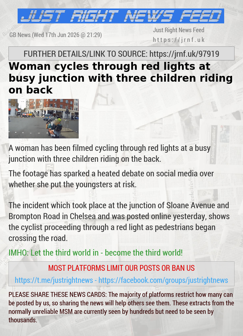 Woman cycles through red lights at busy junction with three children riding on back