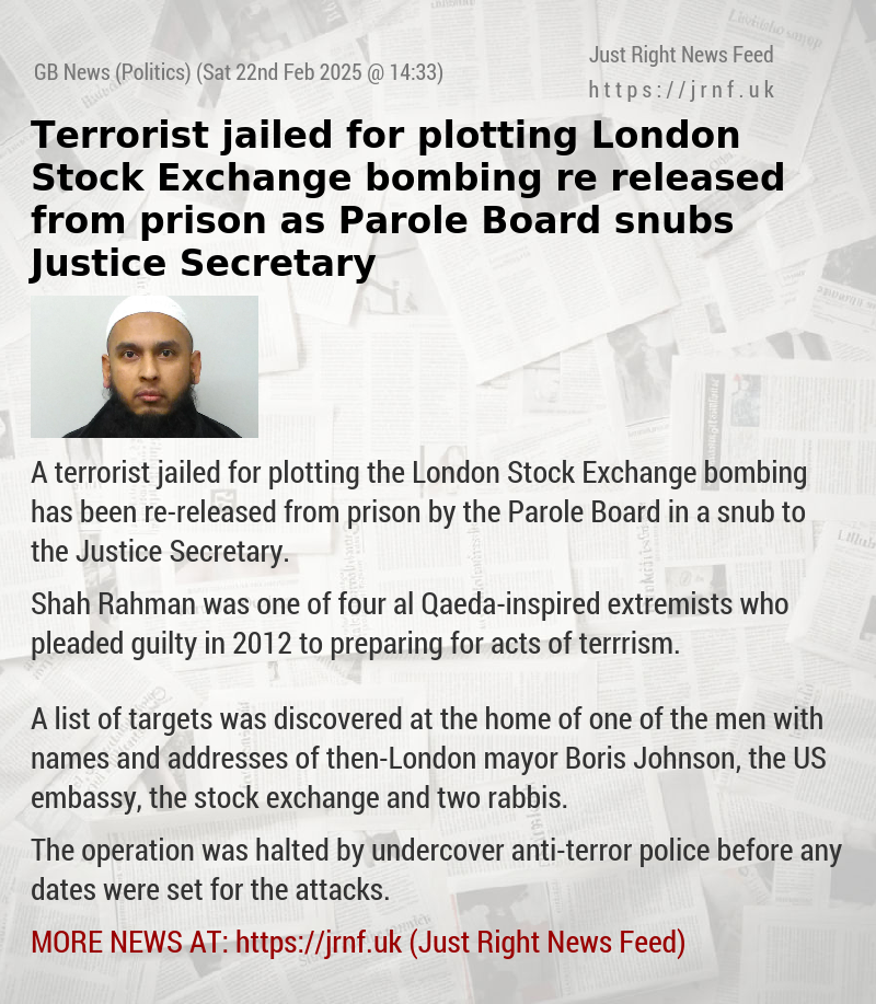 Terrorist jailed for plotting London Stock Exchange bombing re—released from prison as Parole Board snubs Justice Secretary