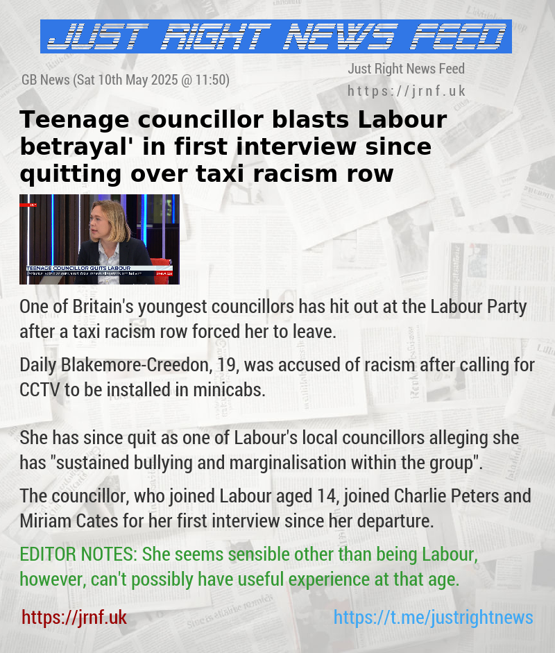 Teenage councillor blasts Labour ‘betrayal’ in first interview since quitting over taxi racism row