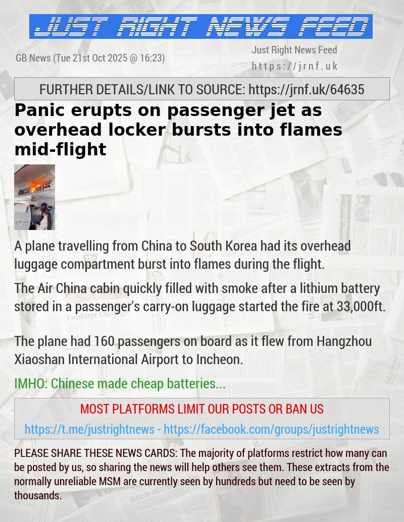 Panic erupts on passenger jet as overhead locker bursts into flames mid—flight