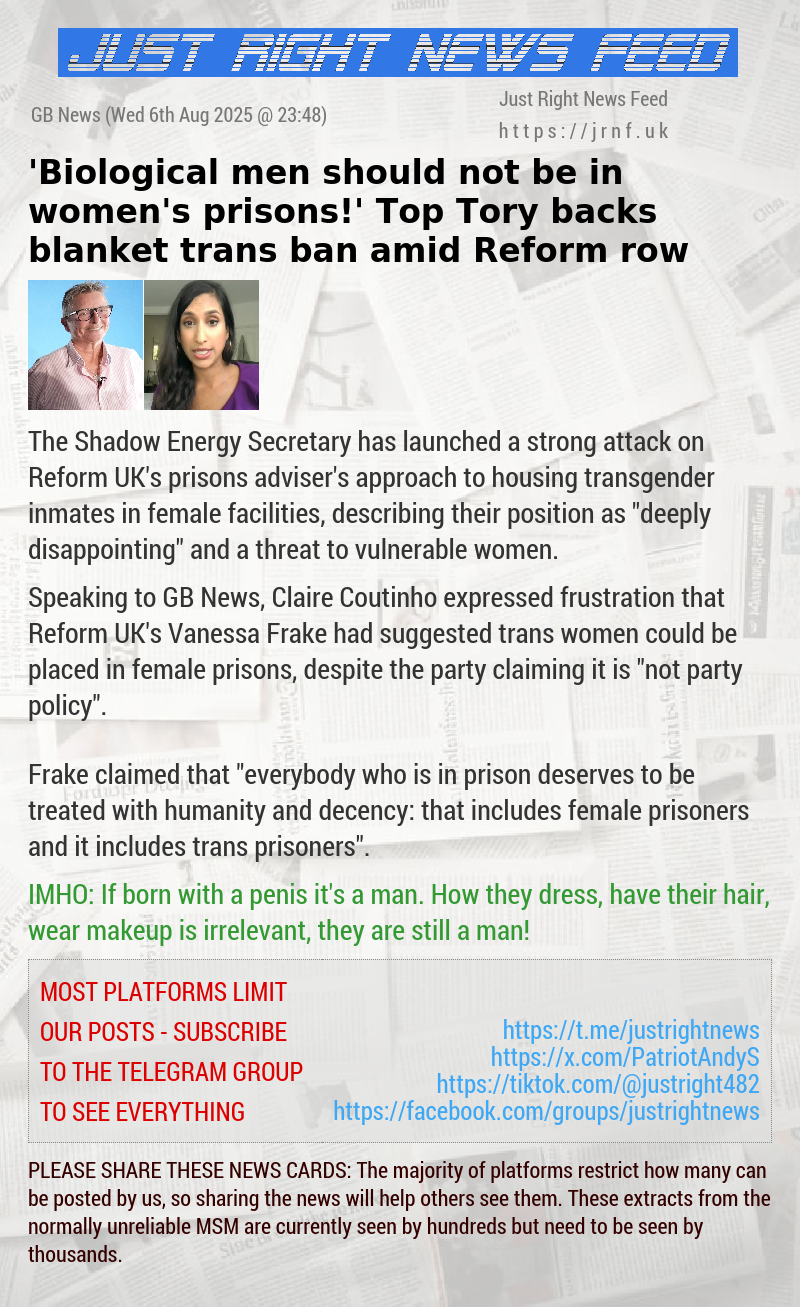 ’Biological men should not be in women’s prisons!’ Top Tory backs blanket trans ban amid Reform row