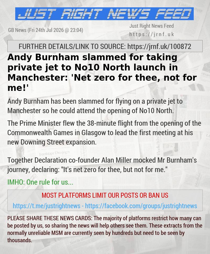Andy Burnham slammed for taking private jet to No10 North launch in Manchester: ‘Net zero for thee, not for me!’